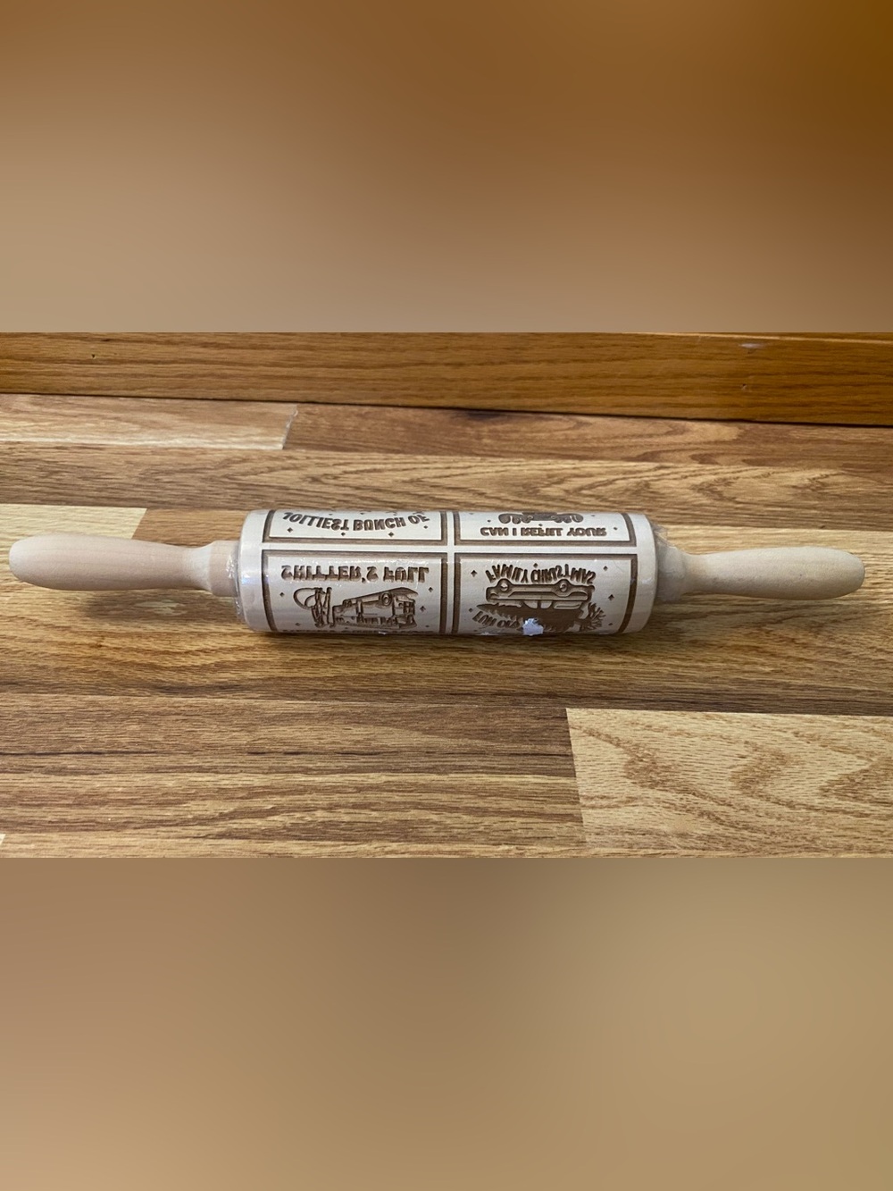Wooden Rolling Pin with Engraved Farm and Vehicle Designs - Natural Brown New